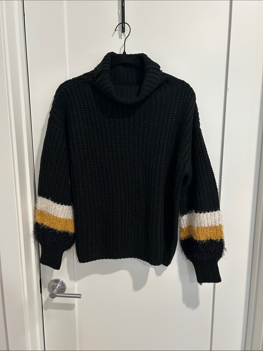 Sweet Rain Black Cowl Neck Sweater with White and Mustard Sleeve Stripes